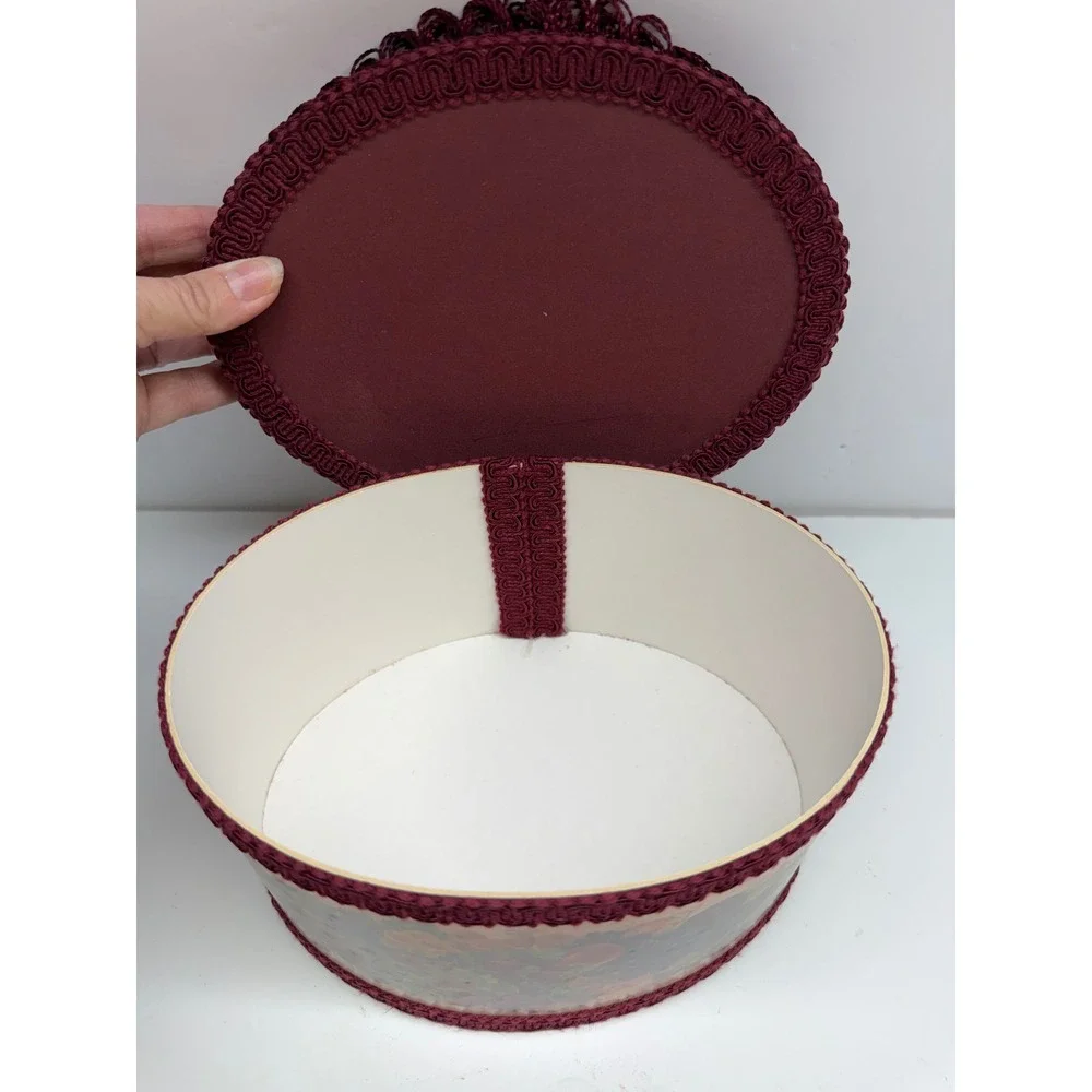 Vintage Glynda Turley 1993 Fruit Motif Decorative Hat Box Burgundy Tassel Oval